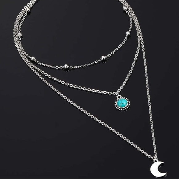 Boho Silver Moon Pendant Turquoise Layered Necklace - Picture 3 of 8